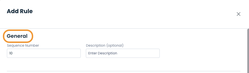 Form section for adding a general rule with sequence number and description fields.